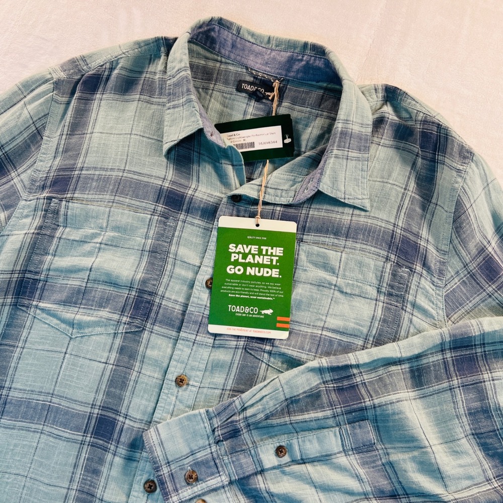 Toad&Co Salton Lightweight Performance Shirt XL Blue Surf Teal Plaid Cotton
